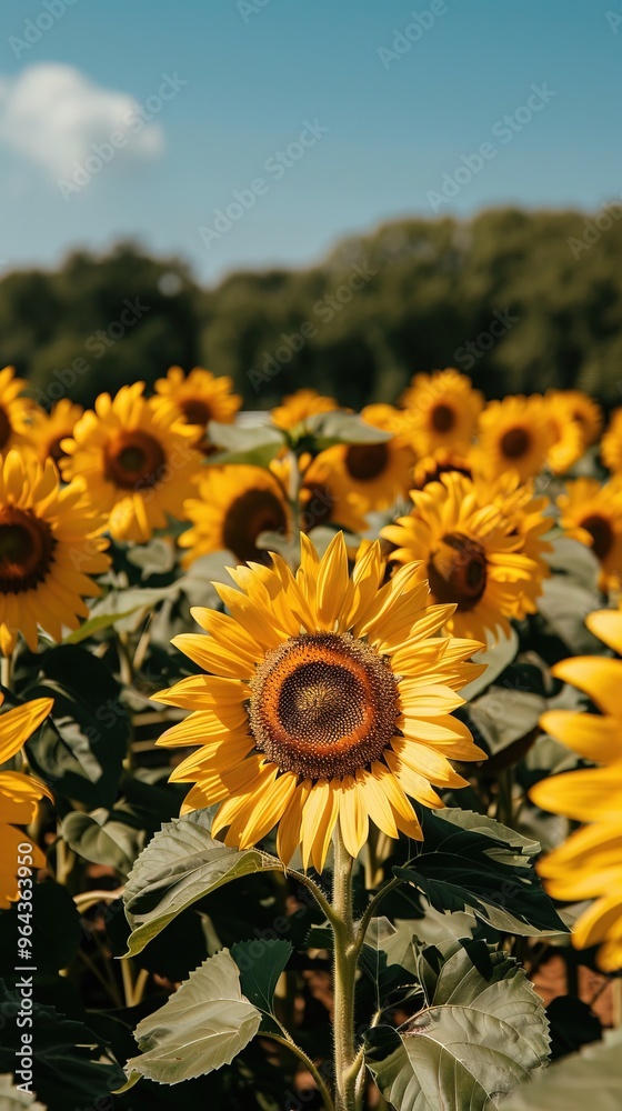 A field of yellow sunflowers with a clear blue sky in the background A field of yellow sunflowers with a clear blue sky in the background