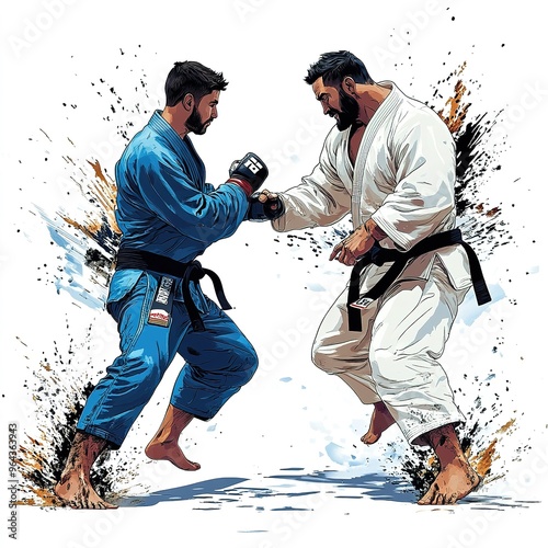 on a white background, comics style, a young brazilian jiu jitsu fighter with a blue belt facing a powerful black belt man