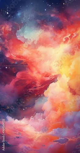 a vibrant digital artwork depicting a cosmic scene with swirling clouds of red, orange, and yellow hues, accented by a dark blue background speckled with white stars.