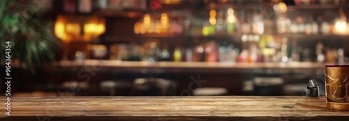 A wooden bar table with a gold-colored glass sits in the foreground, while a blurred bar counter filled with various bottles and glasses is visible in the background.