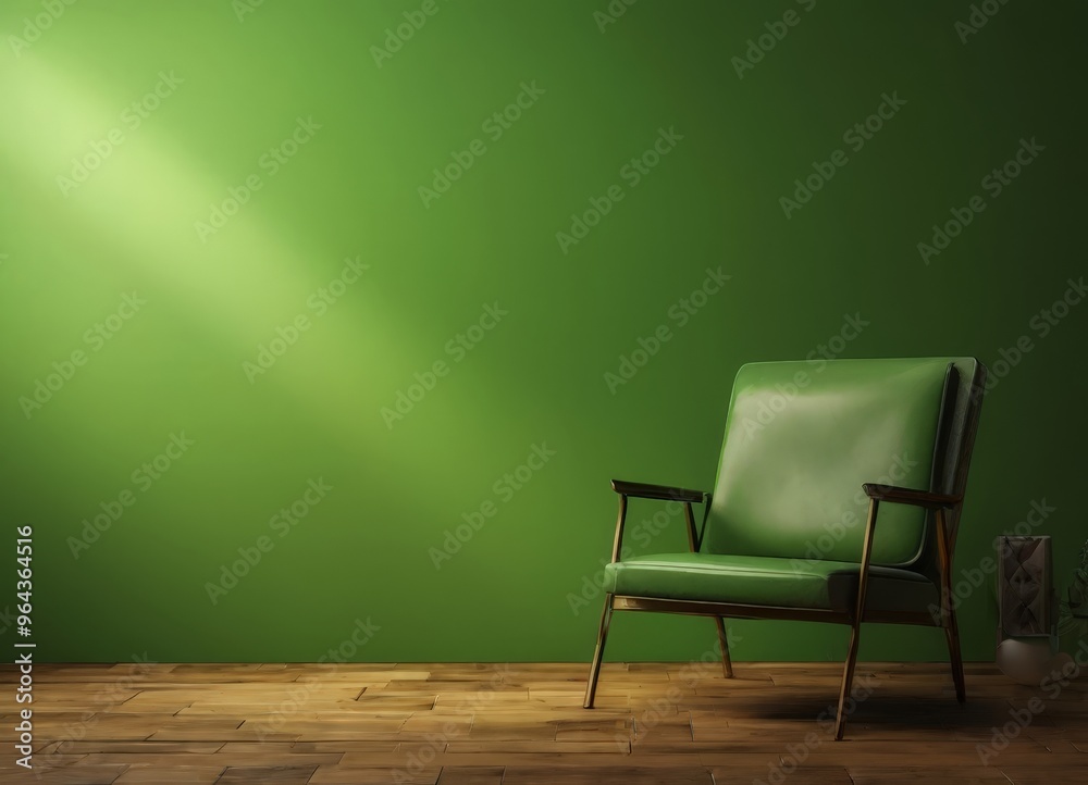 A green leather armchair sits on a wooden floor against a vibrant green wall, with a small plant to the side.