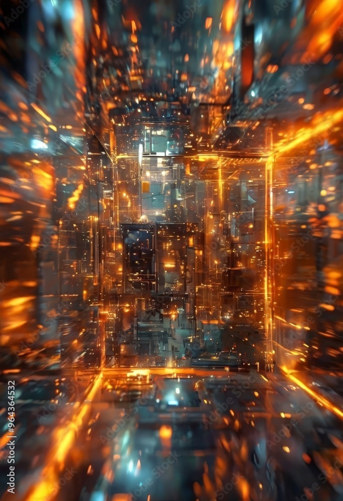 futuristic cityscape, characterized by a complex network of buildings and structures, all illuminated by a myriad of bright lights. The buildings, varying in size and shape, are