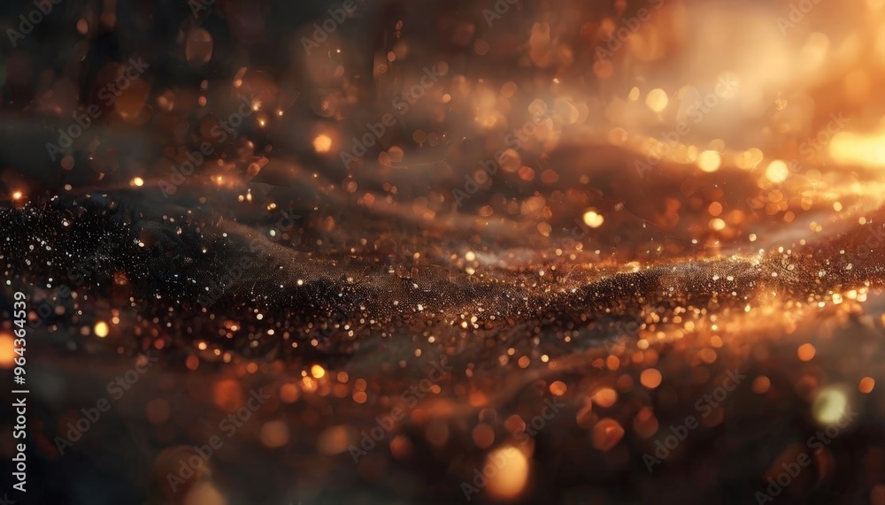 Naklejka premium a dynamic scene of a dark, textured surface with a multitude of small, glowing particles scattered throughout, creating a sense of movement and energy. The particles exhibit a