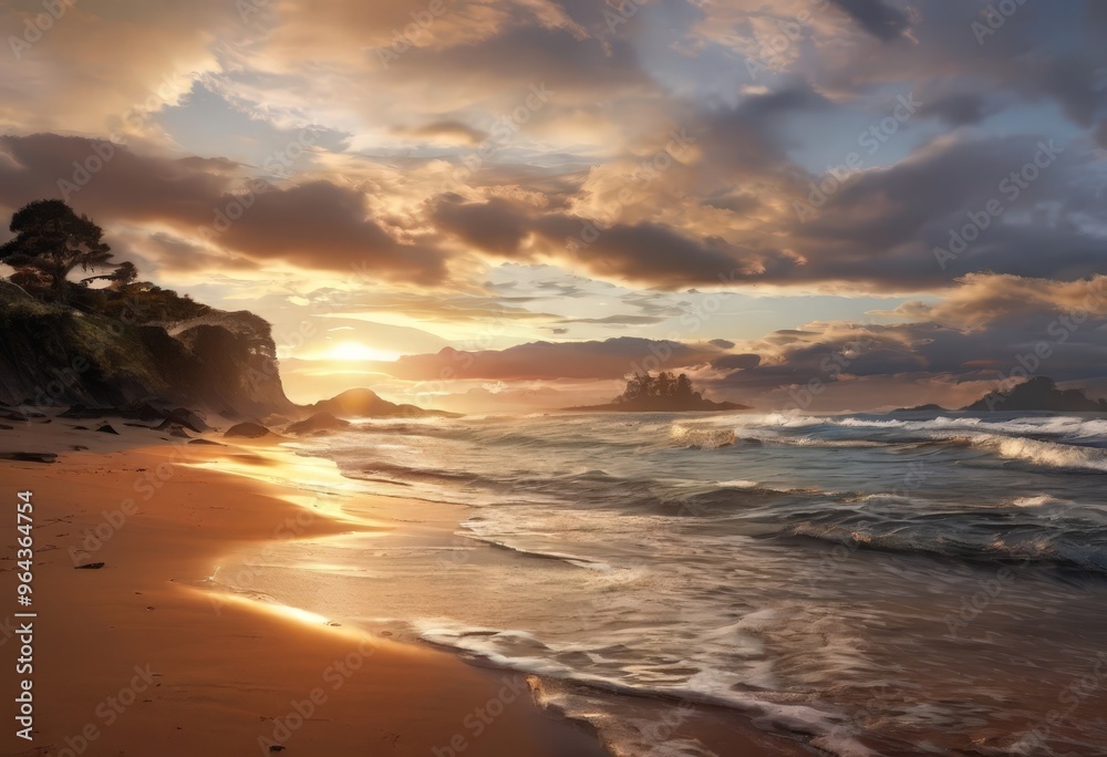 Obraz premium A breathtaking sunset over the ocean, with a sandy beach, rocky cliffs, and a small island in the distance.