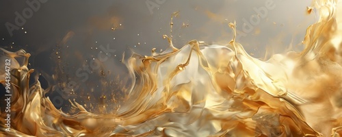 a dynamic scene of golden liquid flowing and swirling, creating a sense of movement and energy. The background is a dark gray, providing a stark contrast that accentuates the photo