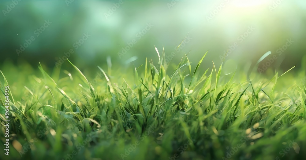 Obraz premium A close-up view of lush green grass with sunlight filtering through the blades, creating a serene and tranquil atmosphere.
