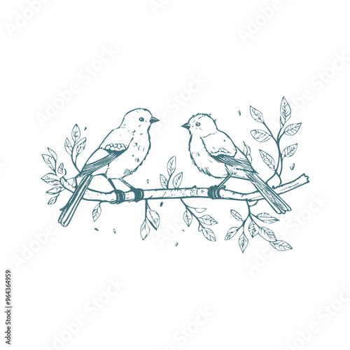 Hand drawn vector illustration of a pair of birds sitting on a branch.