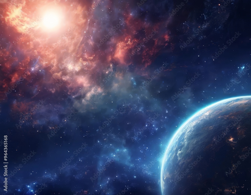 Fototapeta premium a vibrant cosmic scene, featuring a planet with a blue and white surface, surrounded by a starry night sky and a fiery nebula in the background.