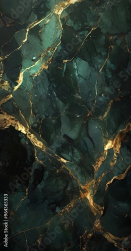 a close-up view of a dark green marble surface with a gold-colored pattern. The marble exhibits a textured and intricate design, with a mix of dark and light green hues. The gold