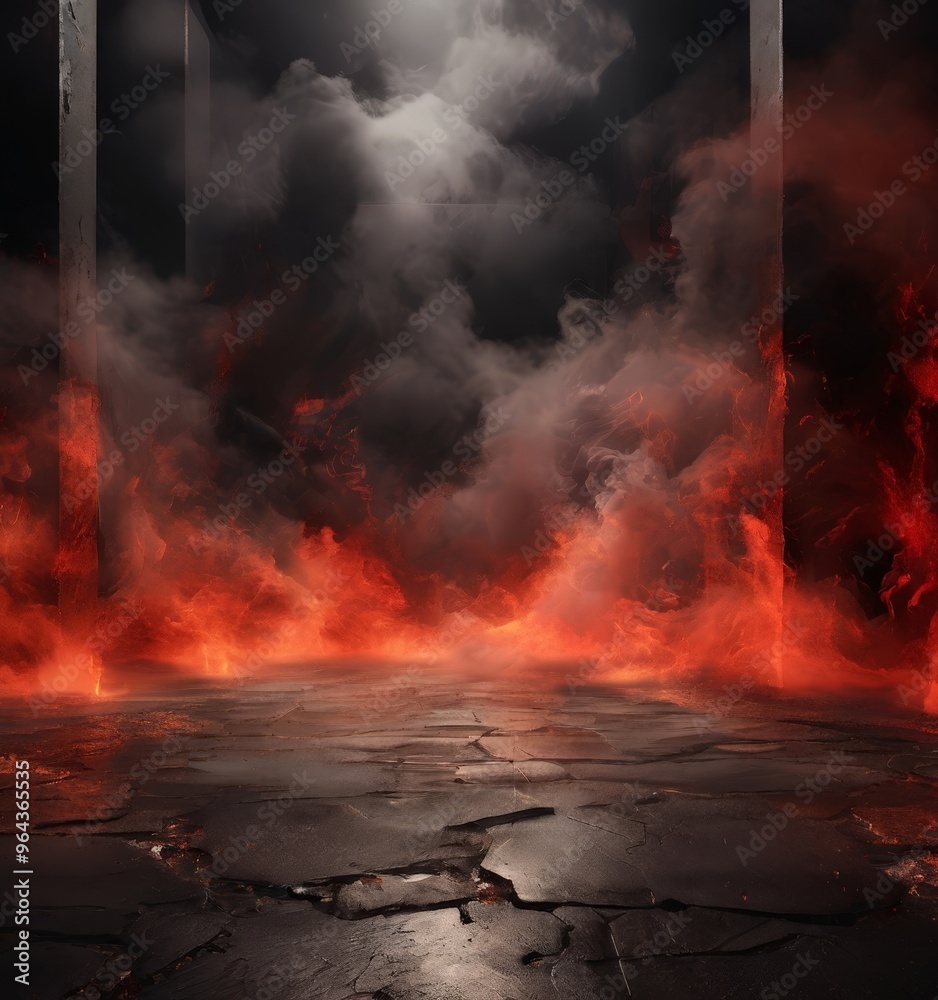 A dramatic scene of a fiery, cracked floor leading to a dark, ominous doorway, with billowing smoke and flames filling the background. A dramatic scene of a fiery, cracked floor leading to a dark, ominous doorway, with billowing smoke and flames filling the background.