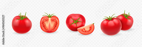 Realistic 3D tomatoes. Set of whole, slice, piece and composition of fresh ripe tomato isolated on transparent background.