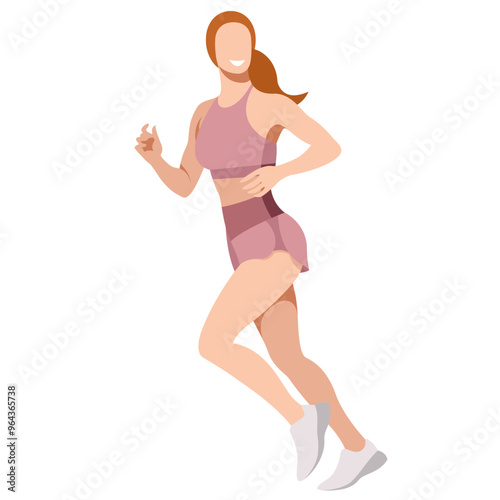 vector realistic image of a slim girl in a sports uniform (leggings and a sports bra) is engaged in fitness, sports, trains isolated on a white background. the woman is running. morning run. jogging.
