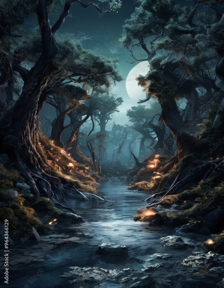 Fototapeta premium A moonlit forest scene with a winding stream and glowing mushrooms, surrounded by towering trees and a full moon.