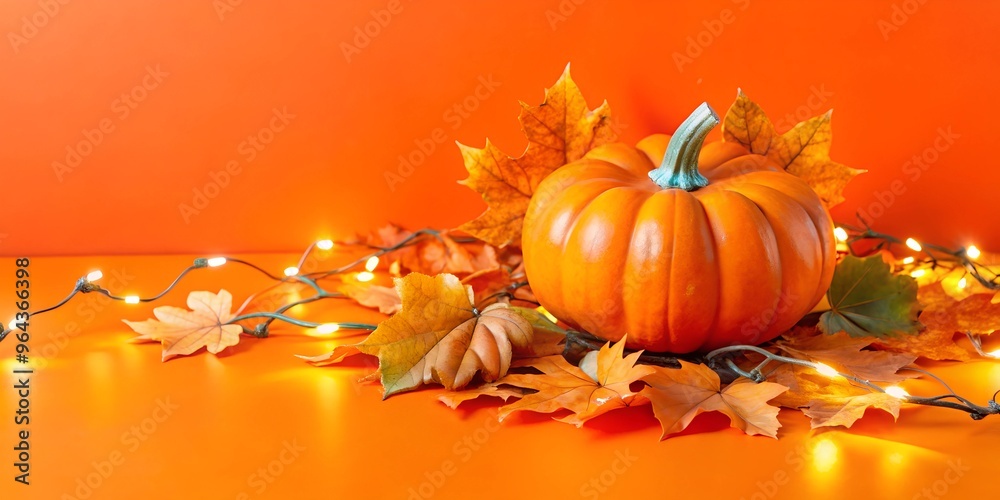 Composition of autumn leaves and pumpkin with garlands on an orange ...