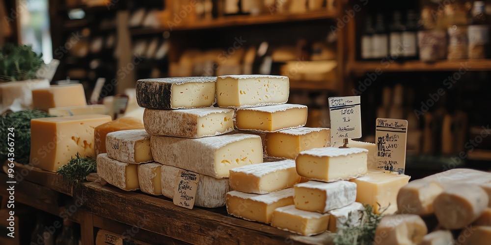A selection of delicious cheeses on a wooden counter. A selection of delicious cheeses on a wooden counter.