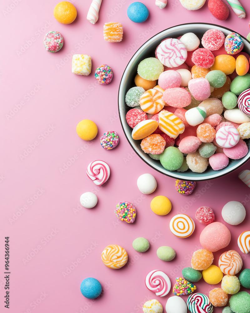 Obraz premium A colorful assortment of candies in a bowl, creating a vibrant and sweet atmosphere perfect for celebrations.
