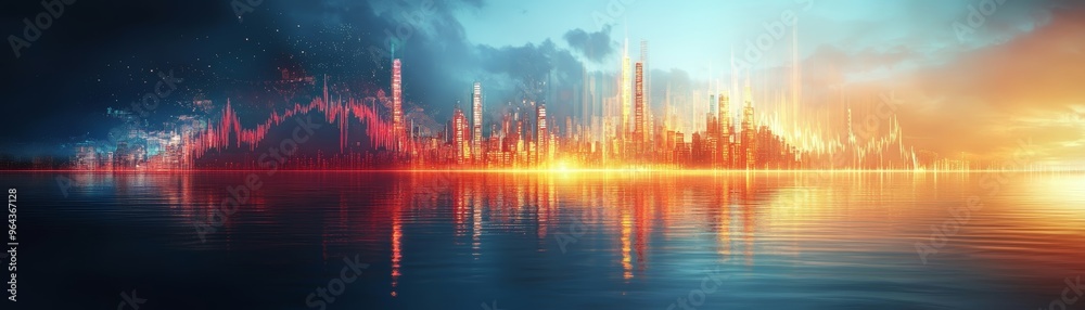 A vibrant city skyline at sunset, reflecting colors on the water with dramatic clouds in the background, creating an enchanting atmosphere. A vibrant city skyline at sunset, reflecting colors on the water with dramatic clouds in the background, creating an enchanting atmosphere.