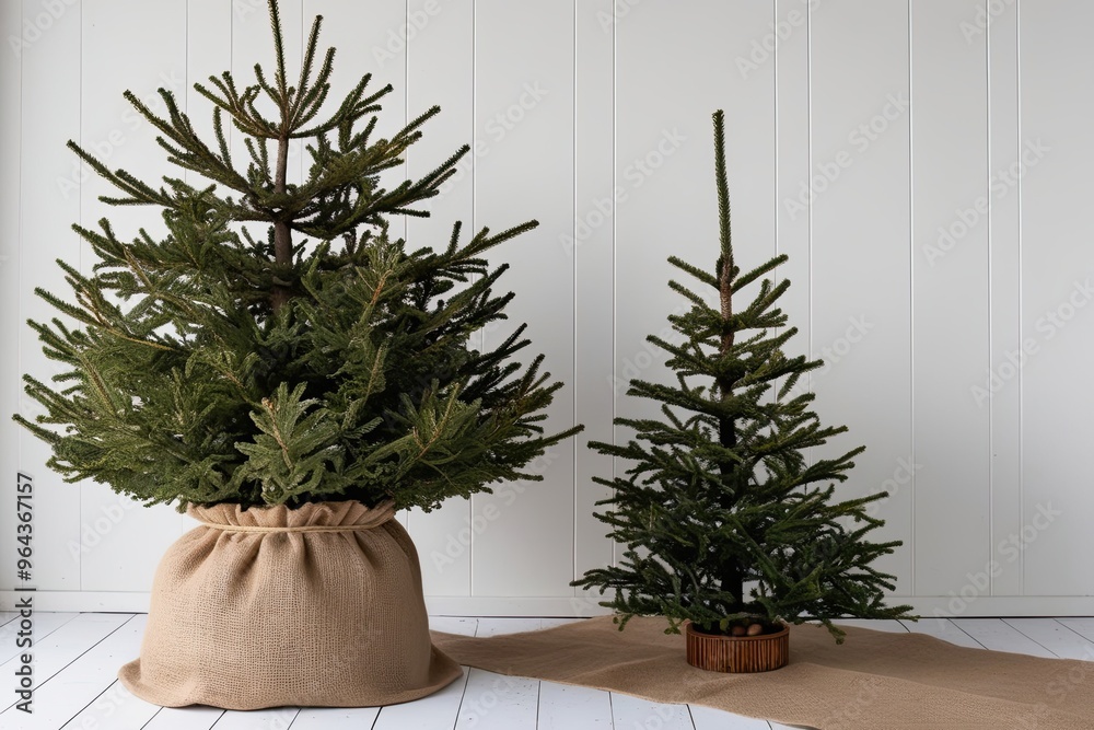 Fototapeta premium Rustic Christmas Spruce Tree in Burlap Pot on Minimalist White Background