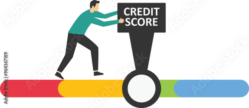 Businessman moves an arrow on measuring scale. Shows an excellent reputation. Good credit score. Banking information. Flat modern vector illustration

