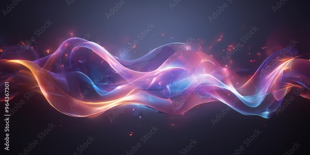 Obraz premium dynamic, abstract representation of a wave-like shape, composed of vibrant hues of blue, pink, orange, and purple, with fiery sparks scattered throughout.
