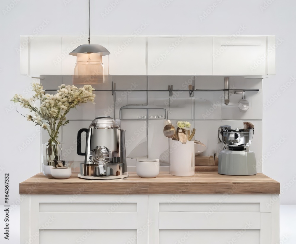 A modern kitchen countertop with a teapot, coffee maker, and various kitchen utensils, complemented by a hanging light fixture and a vase of white flowers. A modern kitchen countertop with a teapot, coffee maker, and various kitchen utensils, complemented by a hanging light fixture and a vase of white flowers.