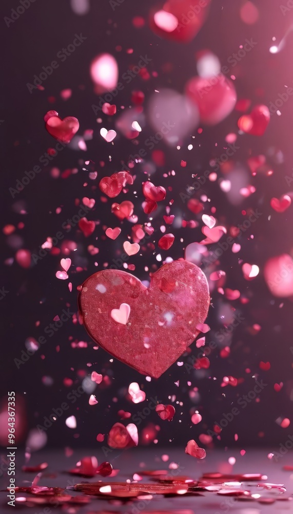 A red heart-shaped object is floating amidst a shower of pink and red confetti, creating a festive and romantic atmosphere. A red heart-shaped object is floating amidst a shower of pink and red confetti, creating a festive and romantic atmosphere.