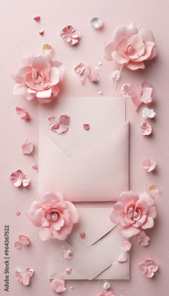 A pink envelope with a white heart and a pink rose are surrounded by scattered pink flower petals on a pink background. A pink envelope with a white heart and a pink rose are surrounded by scattered pink flower petals on a pink background.