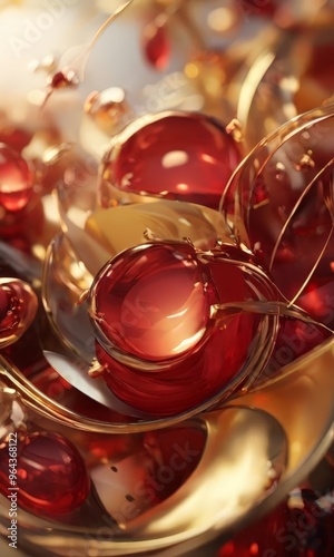 close-up view of a cluster of red spheres, with a golden hue, set against a blurred background.