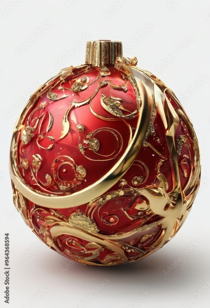 A a red Christmas ornament with gold accents, featuring intricate floral and leaf designs. A a red Christmas ornament with gold accents, featuring intricate floral and leaf designs.