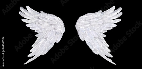 Pair of white angel wings isolated on black background. Perfect for adding a spiritual touch to your designs.