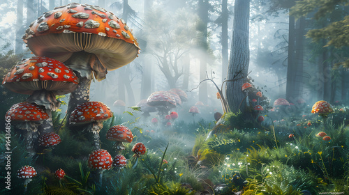 Fairytale forest with mushrooms growing as miniature satellite dishes and enchanted mist coalescing into holographic displays  photo