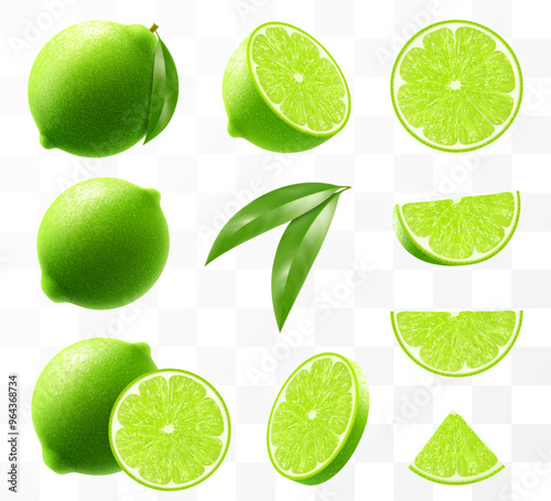 Green ripe lime set. Whole, half and slices citrus fruit isolated on transparent background. Tropical plant, exude freshness, promising a tangy flavor in every piece. Realistic 3d vector illustration.