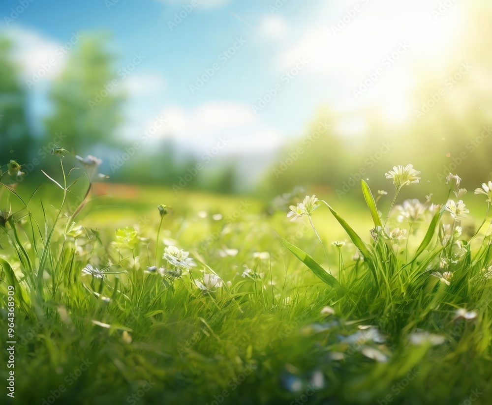 Fototapeta premium A field of white flowers in the foreground, with a blurred background of trees and a blue sky.