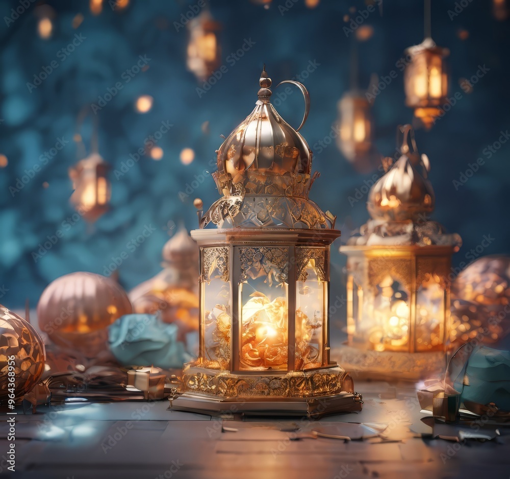 A golden lantern with a dome and intricate designs sits on a table, surrounded by other golden lanterns and a blue and gold background with twinkling lights. A golden lantern with a dome and intricate designs sits on a table, surrounded by other golden lanterns and a blue and gold background with twinkling lights.