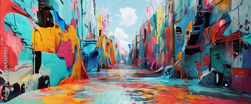 a vibrant, abstract cityscape with buildings painted in a variety of bright colors, including blue, pink, yellow, and orange, creating a dynamic and visually striking scene.