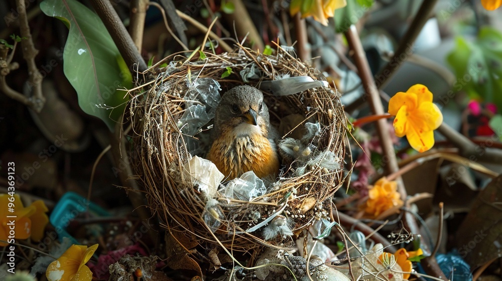 A baby bird is sitting in a nest made of twigs and leaves A baby bird is sitting in a nest made of twigs and leaves