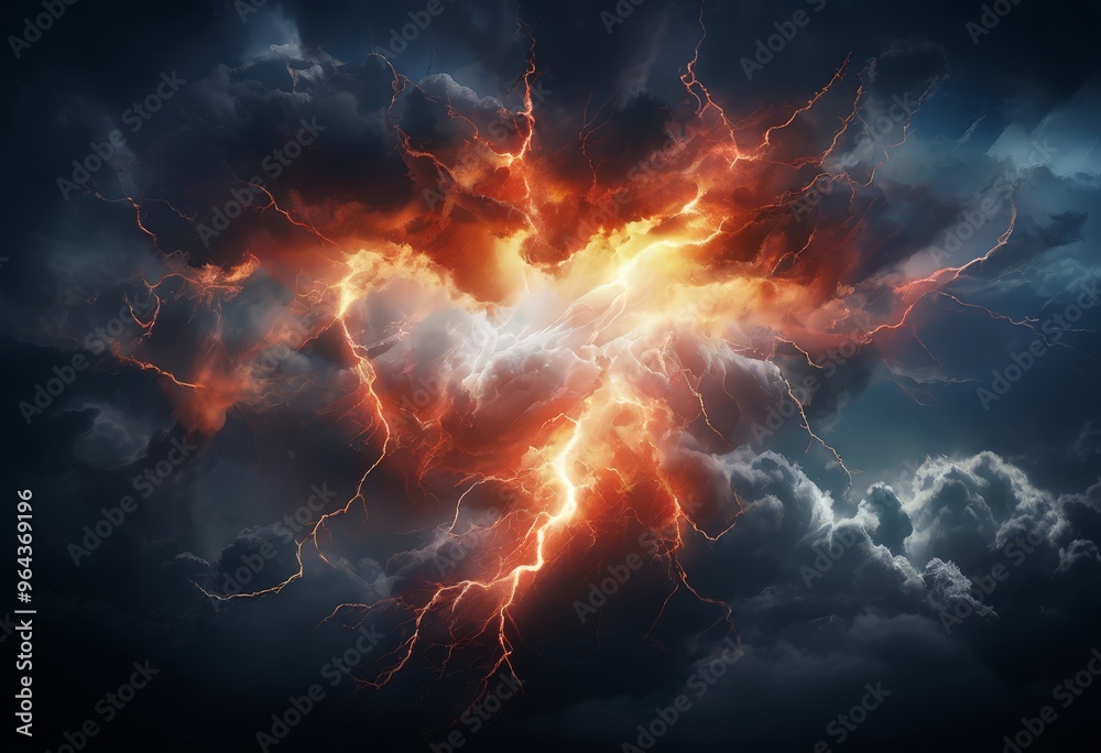 a dramatic and intense storm scene, with dark clouds filled with lightning bolts and a bright, fiery orange and yellow sky. a dramatic and intense storm scene, with dark clouds filled with lightning bolts and a bright, fiery orange and yellow sky.