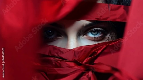 Woman restricted by blood red banner. Concept on the topic of freedom of speech, censorship, freedom of press. International Human Right day. Taliban law bans women from speaking in public
