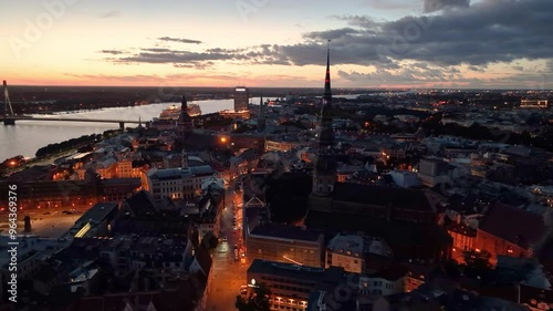 Aerial view of the Riga Old Town at sunset in Latvia.