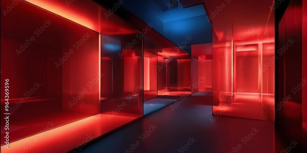 a long, dimly lit corridor with red and blue lighting, creating a futuristic and abstract atmosphere. a long, dimly lit corridor with red and blue lighting, creating a futuristic and abstract atmosphere.