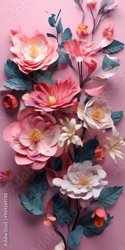 Wallpaper Mural A vibrant arrangement of paper flowers in shades of pink, white, and blue, with green leaves, set against a pink background. Torontodigital.ca
