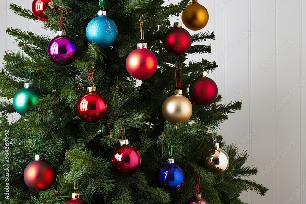 Fototapeta premium Vibrant Christmas Tree Ornaments on White Background