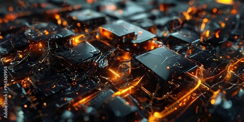 a close-up view of a complex, abstract digital artwork composed of numerous black cubes arranged in a grid-like pattern, with glowing orange and yellow lights emanating from the photo