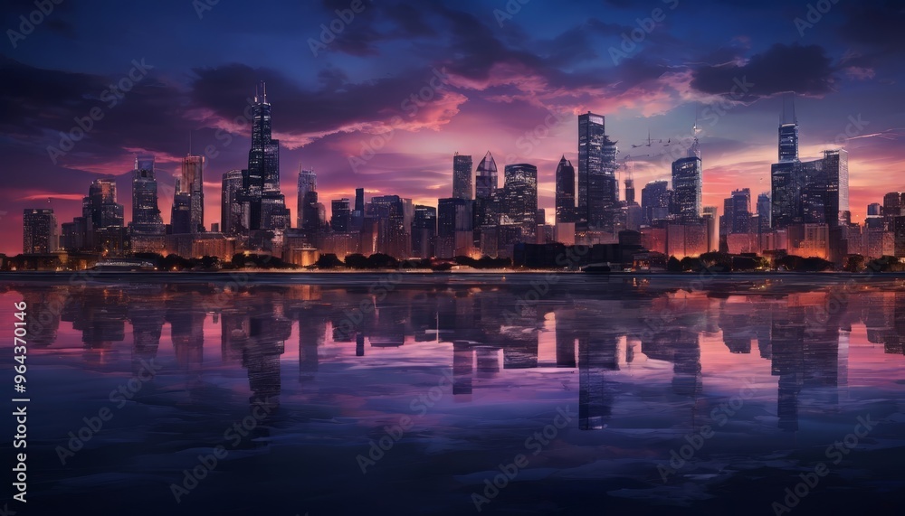 Obraz premium a city skyline at sunset, with the buildings' reflections mirrored in the calm waters below. The sky is painted in deep shades of purple and pink, creating a dramatic backdrop