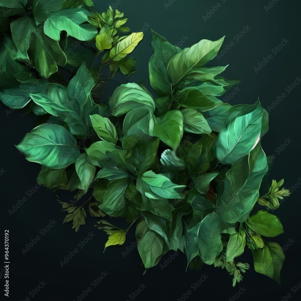 a dense cluster of lush, green leaves with a dark background, creating a sense of depth and texture. a dense cluster of lush, green leaves with a dark background, creating a sense of depth and texture.