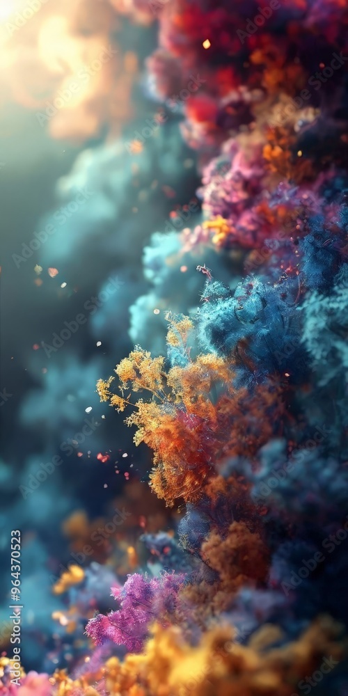 vibrant and abstract representation of a forest, with a variety of colors and textures. The trees, flowers, and foliage are depicted in a dynamic and fluid manner, creating a vibrant and abstract representation of a forest, with a variety of colors and textures. The trees, flowers, and foliage are depicted in a dynamic and fluid manner, creating a