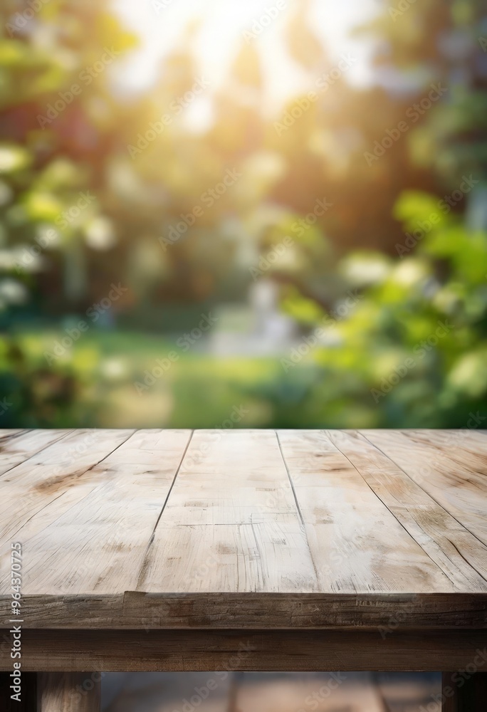 A wooden table sits in the foreground, its weathered surface contrasting with the blurred greenery of a lush garden in the background. A wooden table sits in the foreground, its weathered surface contrasting with the blurred greenery of a lush garden in the background.