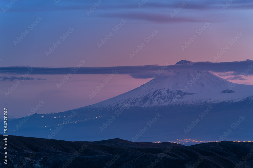 Mount Ararat peak after sunset, snow capped volcano Mount Ararat peak after sunset, snow capped volcano