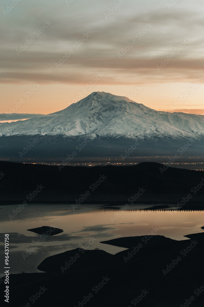 Fototapeta premium Mount Ararat at sunset, snowy peak of the volcano
