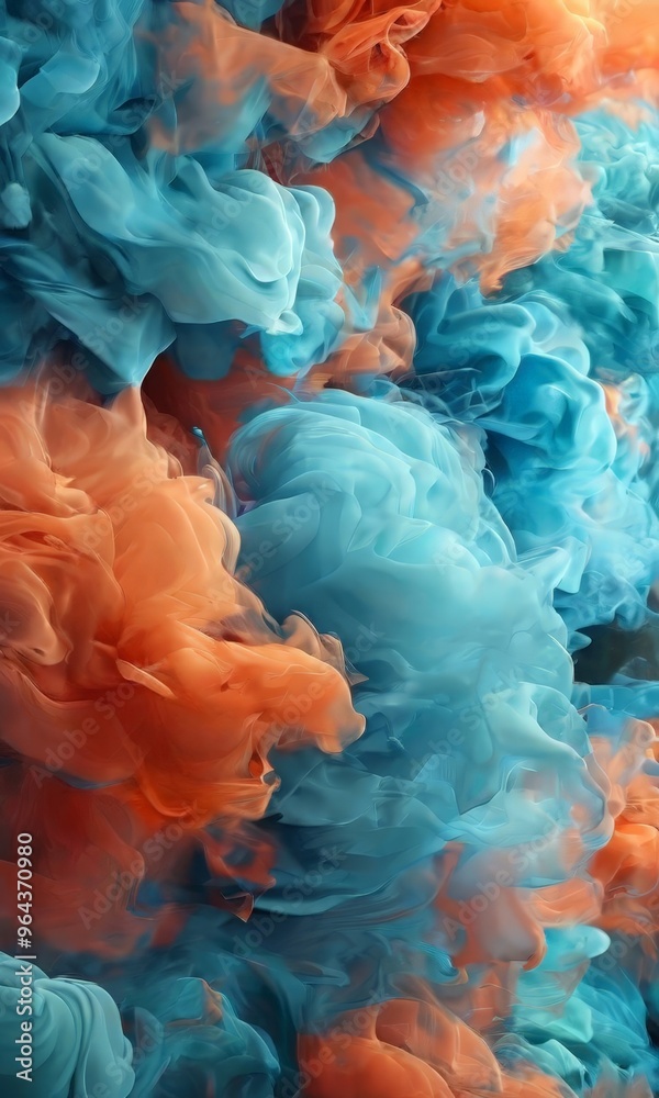 Fototapeta premium vibrant abstract composition of swirling, multicolored smoke in shades of blue and orange, creating a dynamic and visual effect.